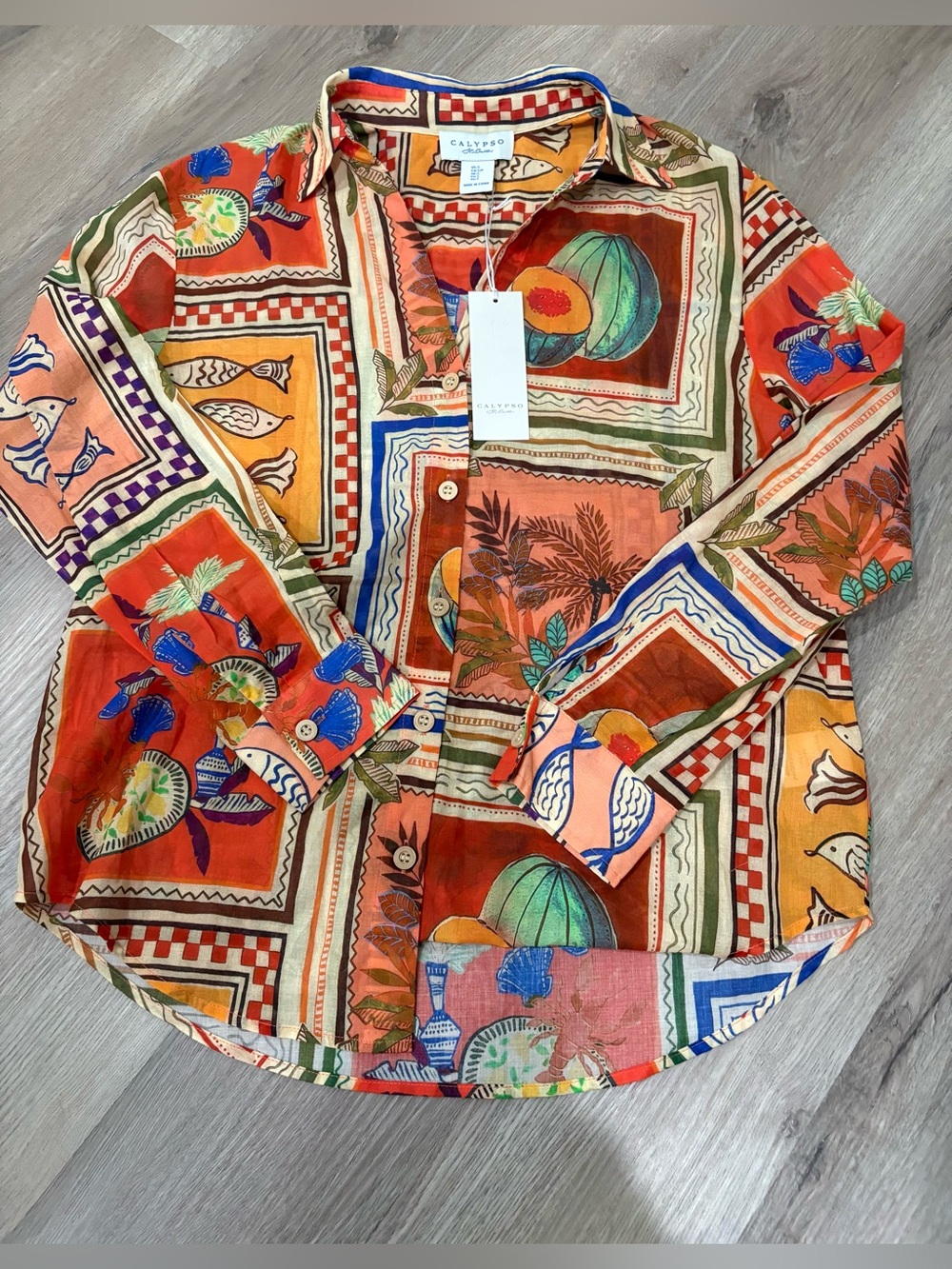 Calypso St. Barth NWT Tropical Fish & Melon Patchwork Button Down Shirt Small